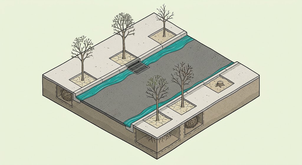 Isometric cutaway of a street: runoff sheets past isolated tree pits into a kerb inlet and pipe, while the trees below sit in confined root balls, one already a stump