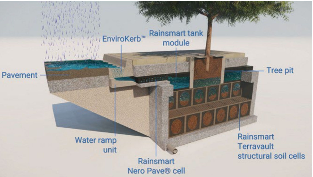 Labelled cutaway of the TNS – pavement, EnviroKerb, water ramp unit, Rainsmart Nero Pave cell, tank module, Terravault structural soil cells and tree pit