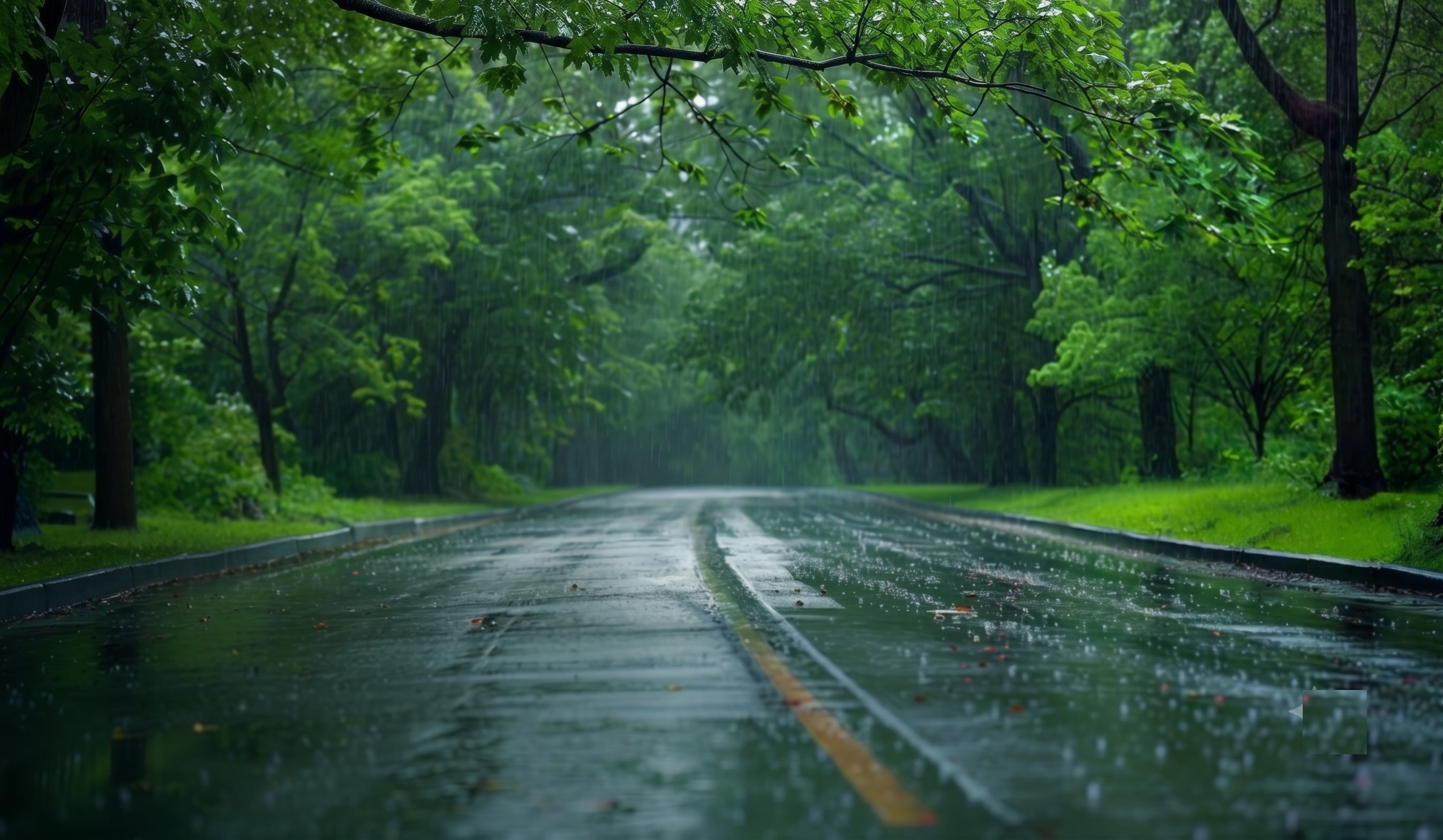 Rain falling on a green, tree-lined street